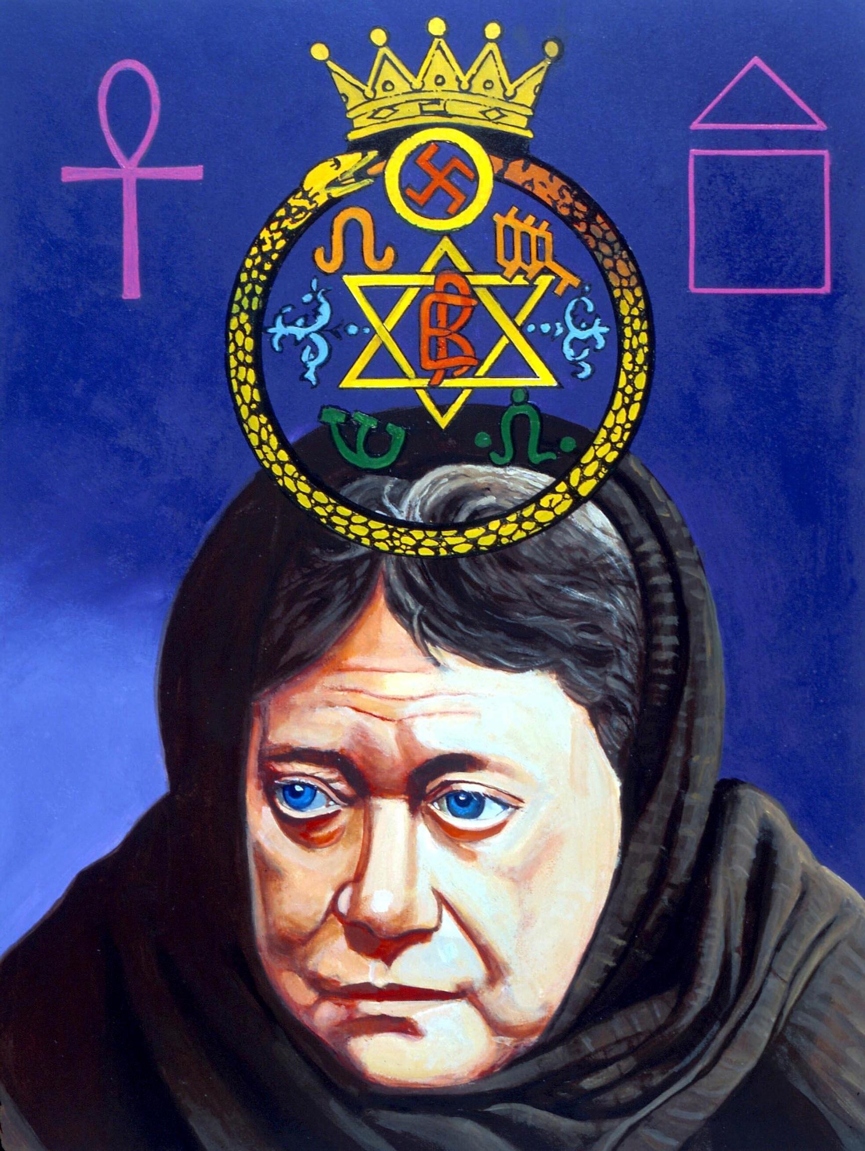 Helena Petrovna Blavatsky piirroskuvassa. Pään yllä oleva teosofinen sinetti koostuu useasta eri symbolista.