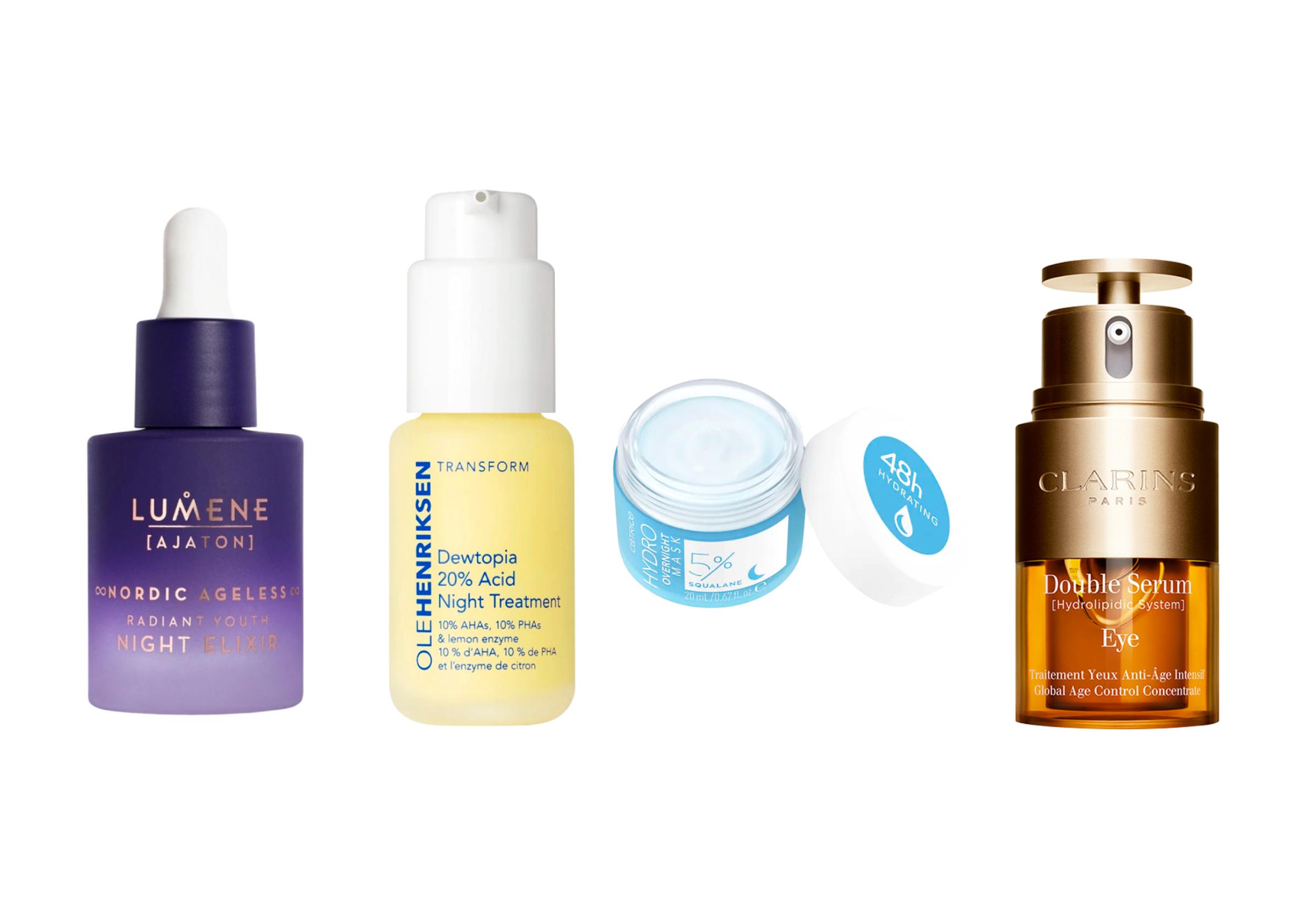 Lumene Ajaton Nordic Ageless Yöeliksiiri tukee ihon uudistumista kuparipeptidillä. 49 e. Ole Henriksen Dewtopia 20 % Acid Night Treatment kuorii esiin hehkun AHA- ja PHA- hapoilla. 75 e. Catrice Hydro Overnight Mask tehokosteuttaa ihoa skvalaanilla, joka sitoo kosteutta. 6,99 e. Clarins Double Serum Eye on emulsion ja geelin yhdistelmä, joka tehohoitaa silmänympärysihoa. 69 e.