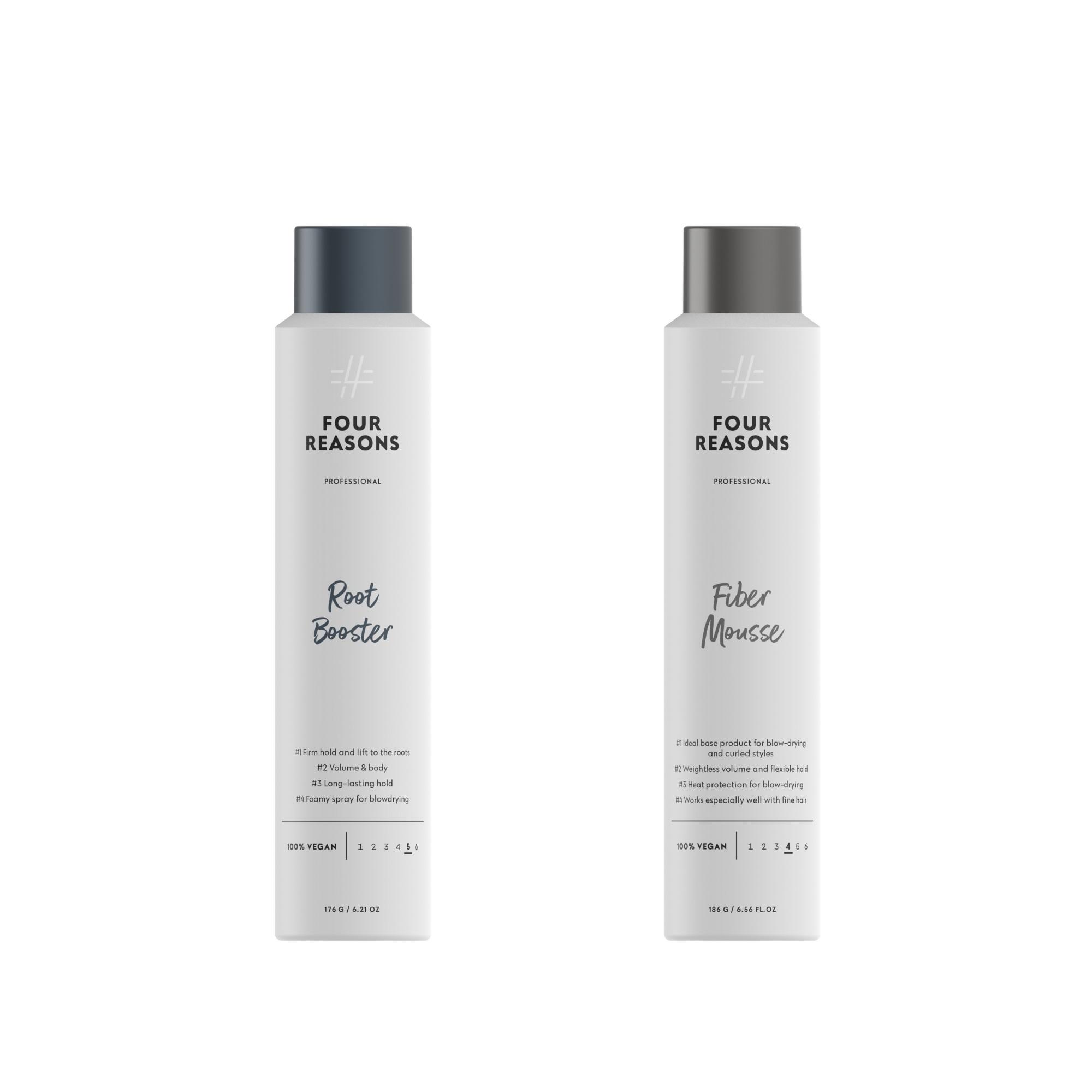 Lämmössä aktivoituva tyvikohottaja antaa kestävän tuen tyveen tai haluamiisi osioihin. Four Reasons Professional Root Booster 17,90 e. Kuituvaahto tuo runsautta ja ryhtiä. Four Reasons Professional Fiber Mousse 17,90 e.