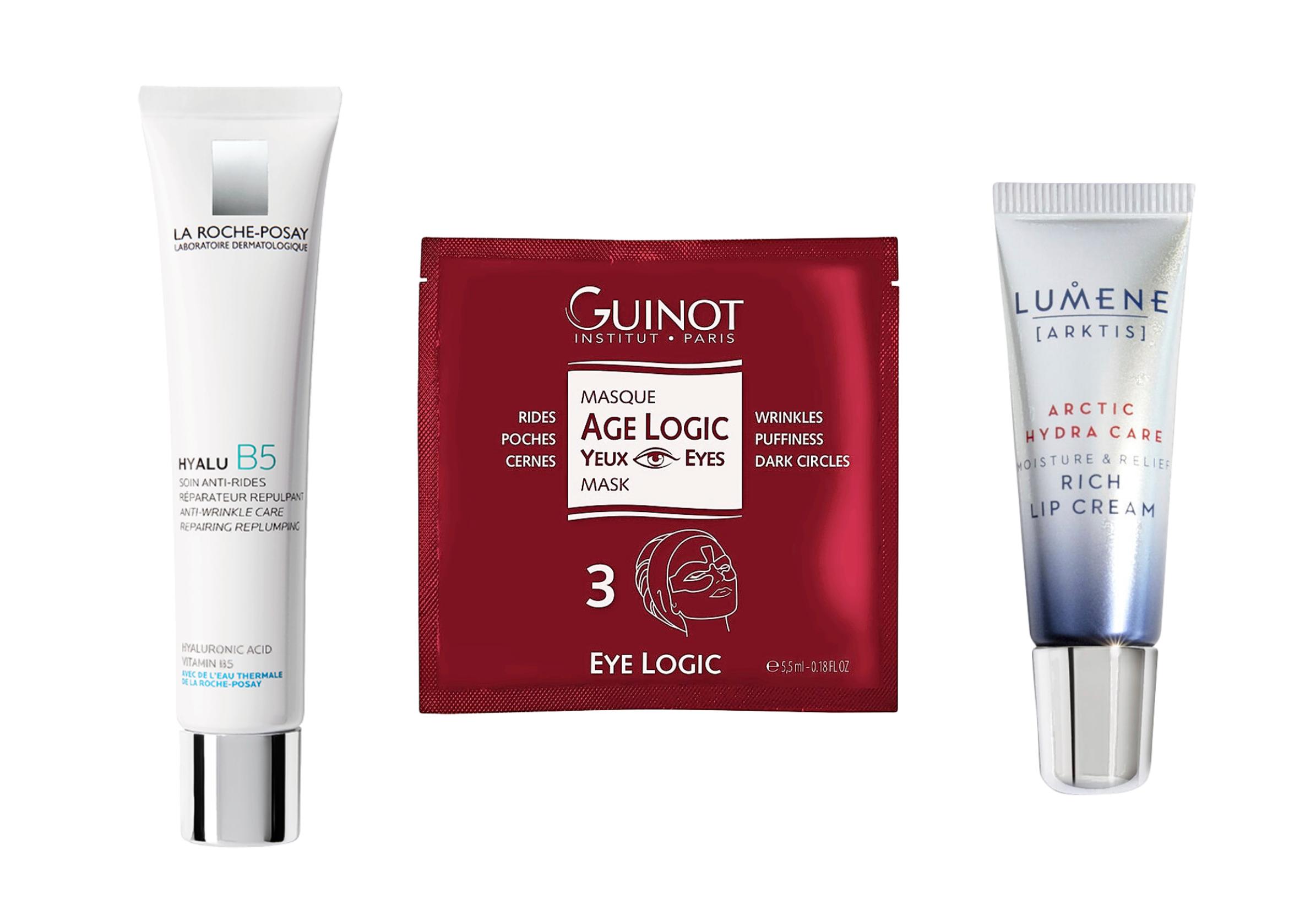 Ohuelle iholle: La Roche-Posayn Hyalu B5 -silmänympärysvoide 31 e, Guinot’n Age Logic -silmänaamiot 39,85 e, ja Lumenen Arctic Hydra -huulivoide 7,90 e.