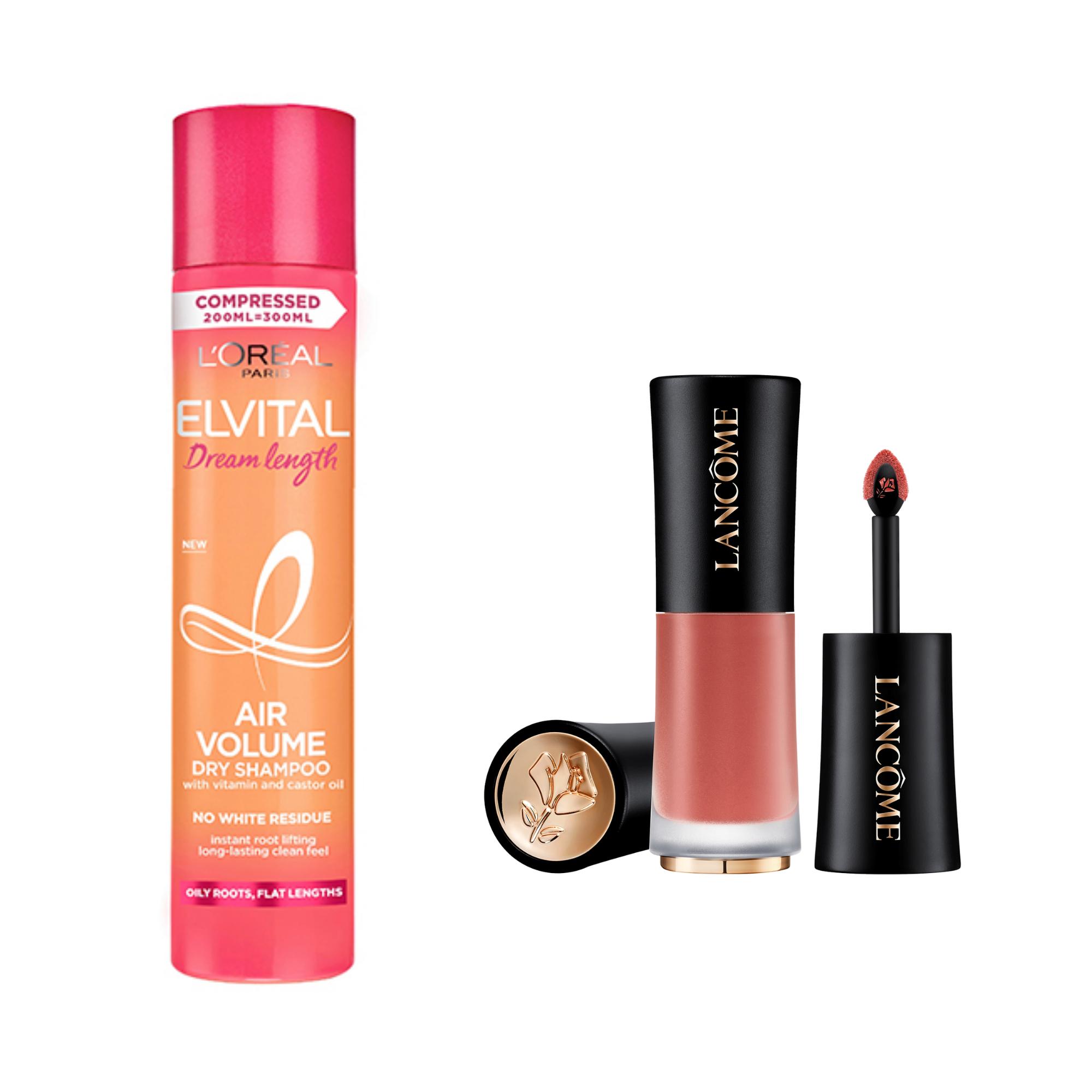 Monikäyttöinen kuivasampoo sopii niin hiusten freesaamiseen kuin muotoilun tueksi. Elvital Dream Length Air Volume, 4,95 e. Lancômen Drama Ink -huulipunassa on kevyt vesi-öljy- koostumus, joka jättää puoli­matan lopputuloksen. Sävy French Tea, 28 e.