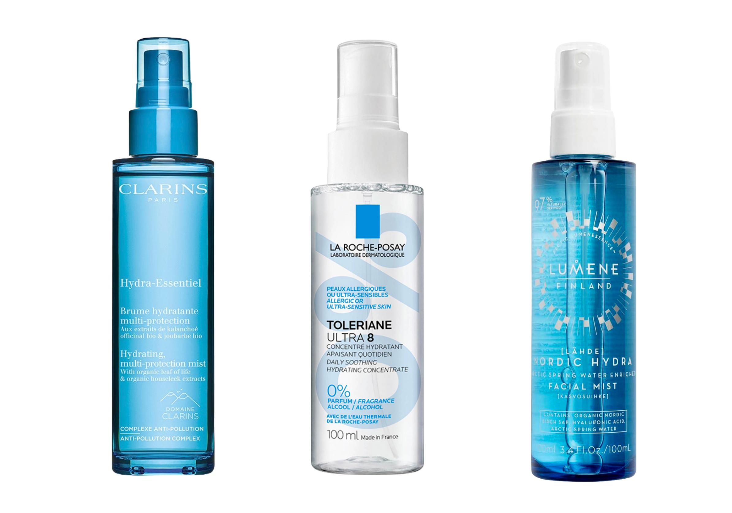 Työpisteen tähdet: Clarinsin Hydra-Essentiel-suihke 25 e, La Roche-Posayn Toleriane Ultra 8 -suihke 22,45 e, ja Lumenen Nordic Hydra Lähde -kasvosuihke 13,95 e.