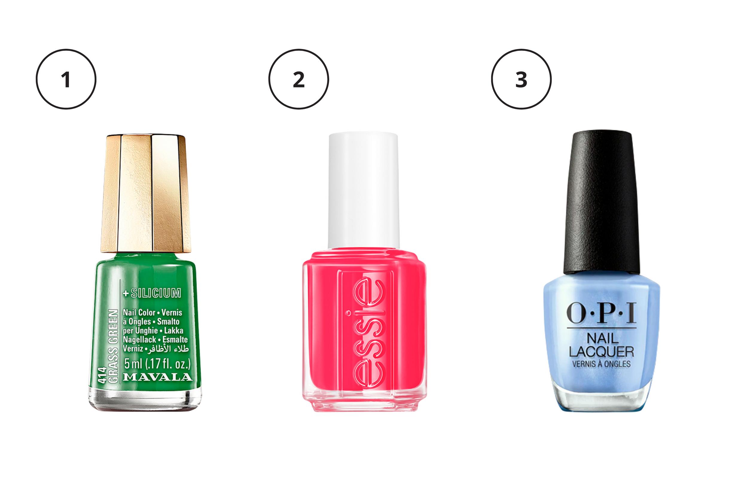 1. Vihreä jatkaa muotivärinä. Kynsilakan piiyhdiste auttaa vahvistamaan kynsiä. Mavala Mini Color Vibe Grass Green 5,90 e. 2. Vesimelonin pinkki on takuuvarma valinta sekä sormiin että varpaisiin. Essie Nail Lacquer Midsummer Collection Rose to the Occasion 13,50 e. 3. Vaaleansininen sopii moniin ihonsävyihin ja asukokonaisuuksiin. OPI Nail Lacquer Xbox Collection 59 Can’t CTRL Me 15,60 e.