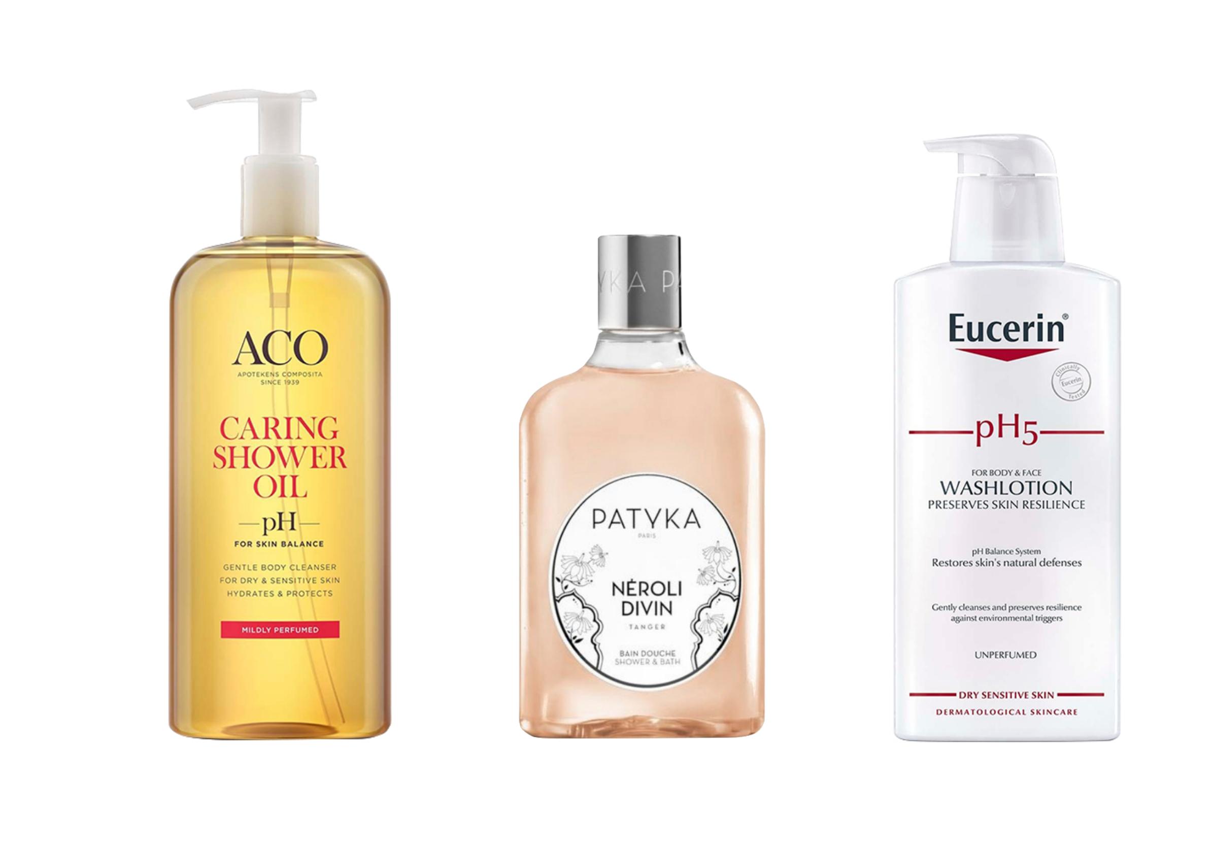 Acon Caring-suihkuöljy 12,20 e, Patykan Divine Neroli -suihkugeeli 26,90 e, ja Eucerinin tuoksuton pH5-pesuneste 11,10 e.