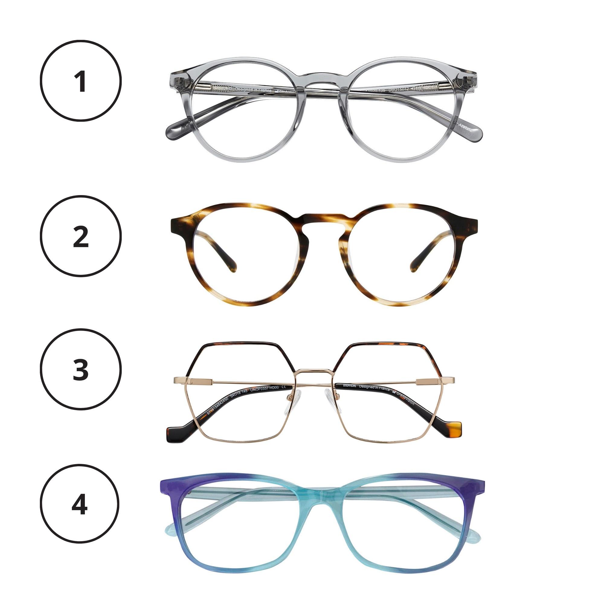 1. Läpikuultava asetaatti on muodikas materiaali. Harmaa väri on viileän tyylikäs valinta ja upea pari harmaan tai platinanvaalean tukan kanssa. Dbyd 2028929 e, Nissen. 2. Kilpikonnakuosiset kehykset ovat kestohitti, joka sopii moneen asuun. Unisex-malli. Billebeino Montauk 199 e, Silmäasema. 3. Kapeakin tehostevärinen yläreuna tuo nostetta kasvoille. Maltillinen kahdeksankulmaisuus sopii myös klassiseen tyyliin. Unofficial 2029100 129 e, Nissen. 4. Suorakaiteen malliset kehykset saavat uutta ilmettä pastellisesta liukuväristä. Edullinen valinta. Specsavers Claudia 89 e, Specsavers.bearciis es.