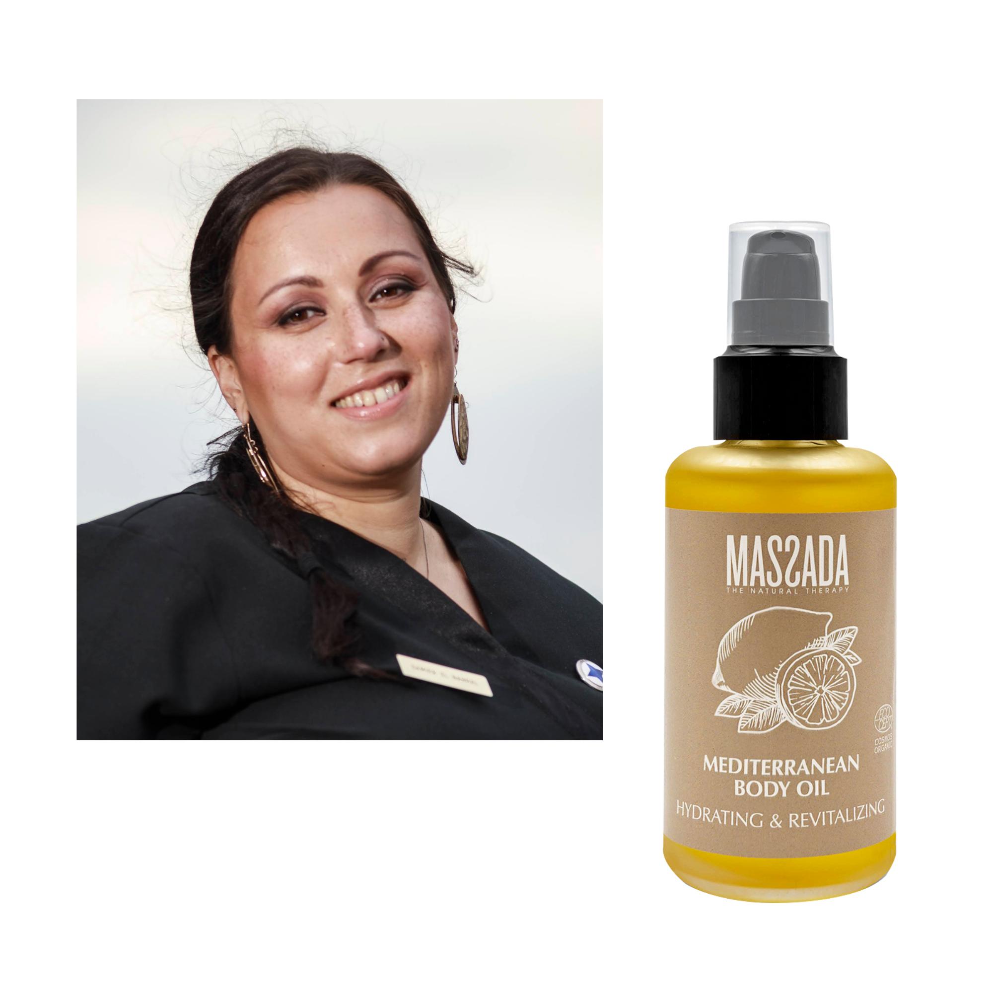 SKY-kosmetologi Samira Elnahhal Kauneushoitola Delooksista katsoo, että paras vartaloöljy on Massada Mediterranean Body Oil, 38,50 e.