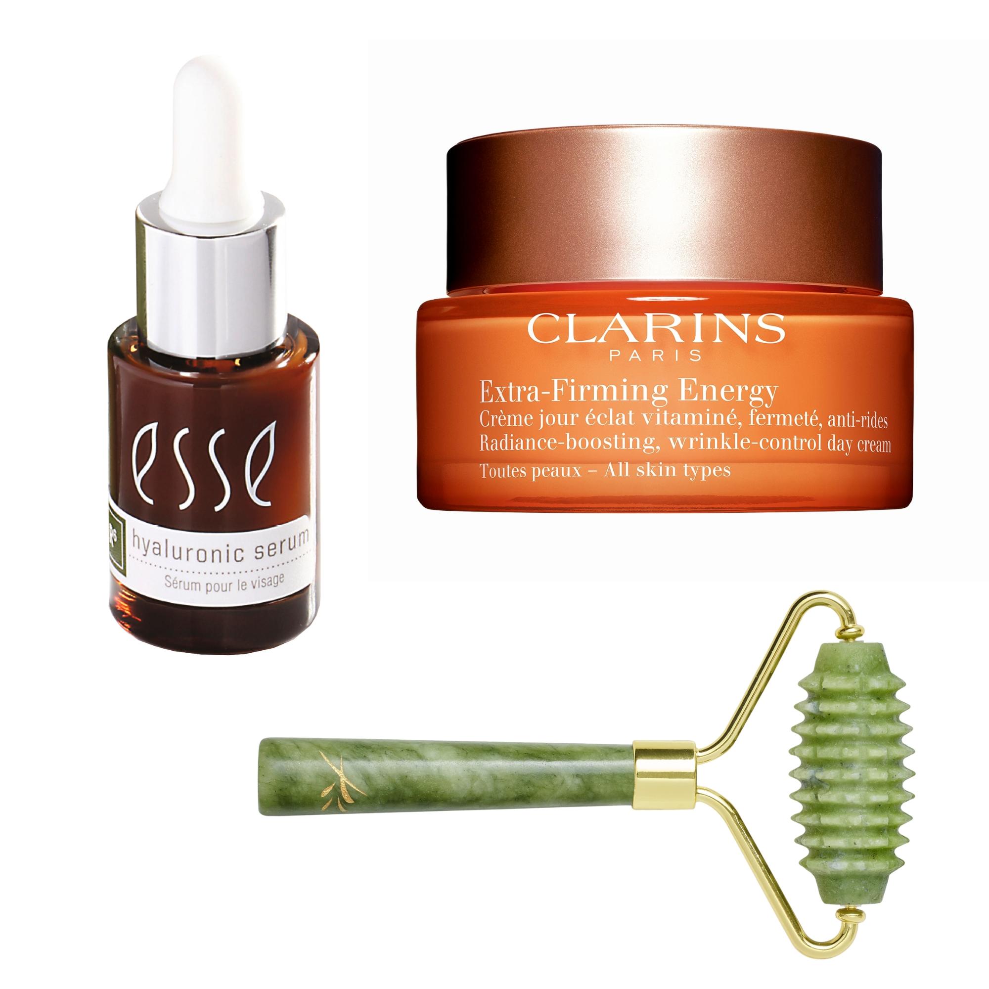 Kosteuttavan seerumin hyaluronihappo täyteläistää ihoa ja madaltaa juonteita. Esse Skincare Hyaluronic Serum 47 e. Päivävoide kiinteyttää ihoa ja tuo piirteet esiin. Iho näyttää raikkaalta. Clarins Extra- Firming Energy Wrinkle-Control Day Cream 93 e. Jaderulla vilkastaa ihon verenkiertoa ja tehostaa kollageenin muodostusta. Yin Your Skin Kuulas 26,90 e.
