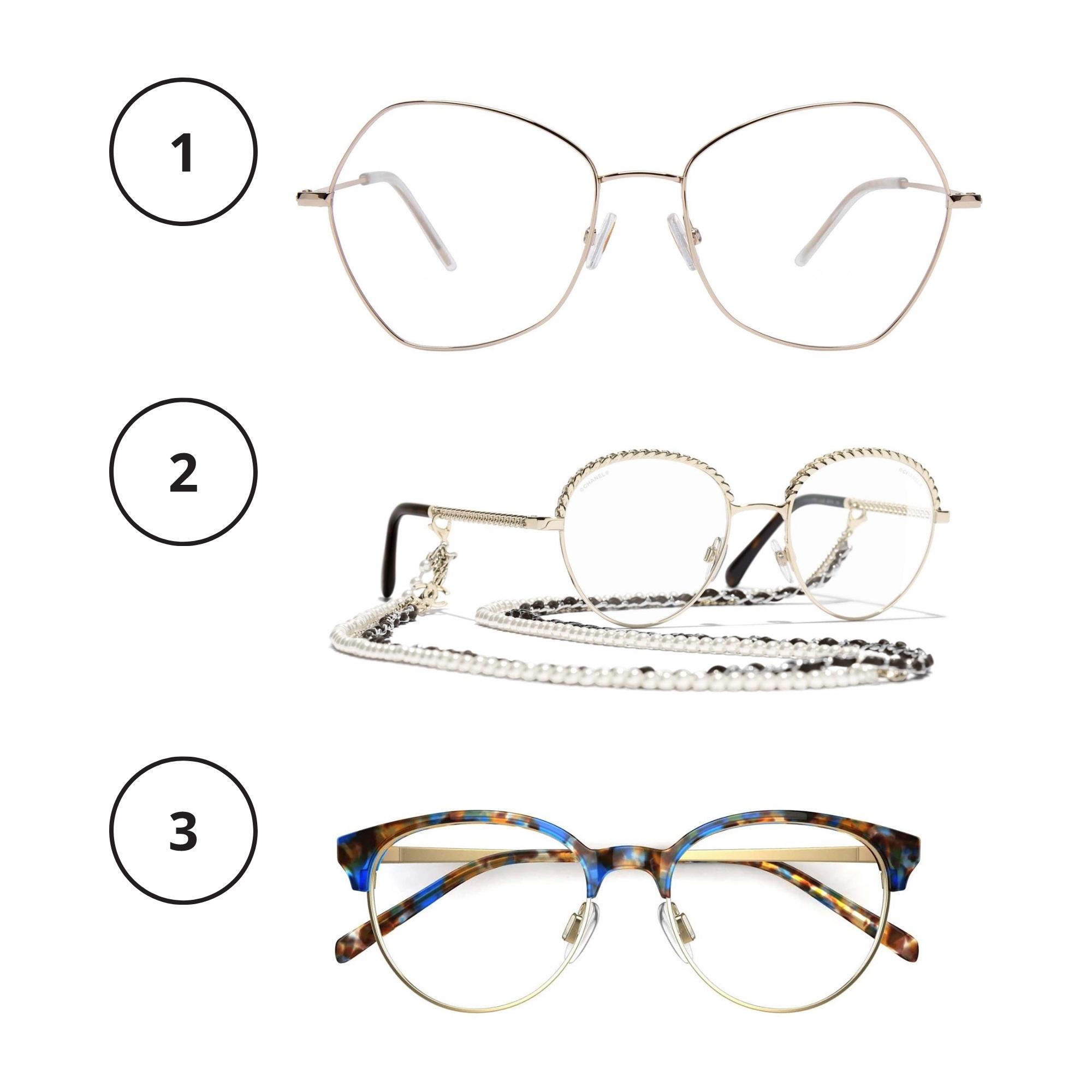 1. Hyvällä tavalla vinksahtaneilta näyttävät pilottilasit ovat yhtä aikaa eleetön ja huomiota herättävä asuste. Titaani tekee pokista huippukevyet. Boss 1284 -kehykset 279 e, Silmäasema. 2. Kevyet ja hillityn koristeelliset metallikehykset sekä näyttävä silmälasiketju ovat hienostunut yhdistelmä. Ketjun saa halutessaan irti. Chanel Pantos 695 e, Keops. Erilaiset printit ovat nyt in. Edullisissa pokissa kilpikonnakuosiin on sujautettu sinistä. Specsavers Avior 109 e, Specsavers.