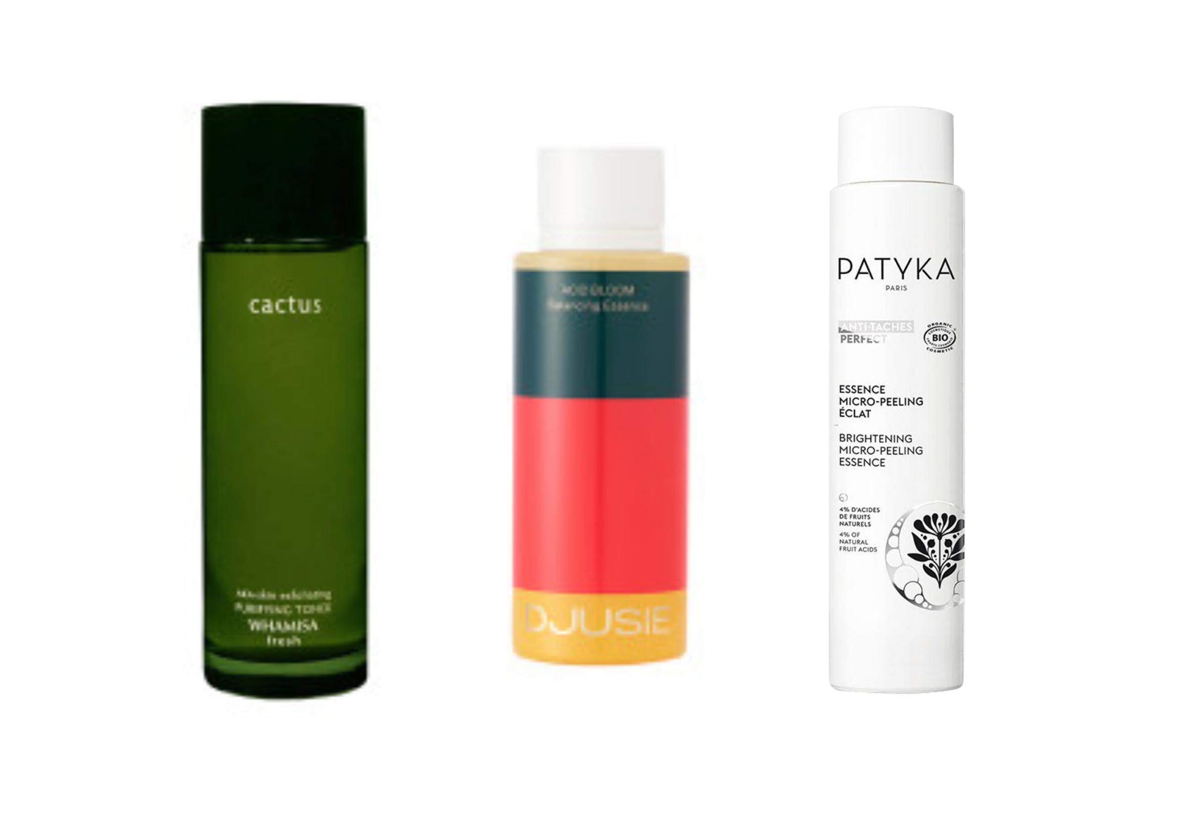 Ehkäise talviongelmia: Whamisan Cactus AKA-Skin -kasvovesi 29,60 e, Katja Kokon oman Djusie-merkin Acid Bloom -hoitoneste 39 e, ja Patykan Brightening Micro-Peeling -hoitoneste, 36,90 e.