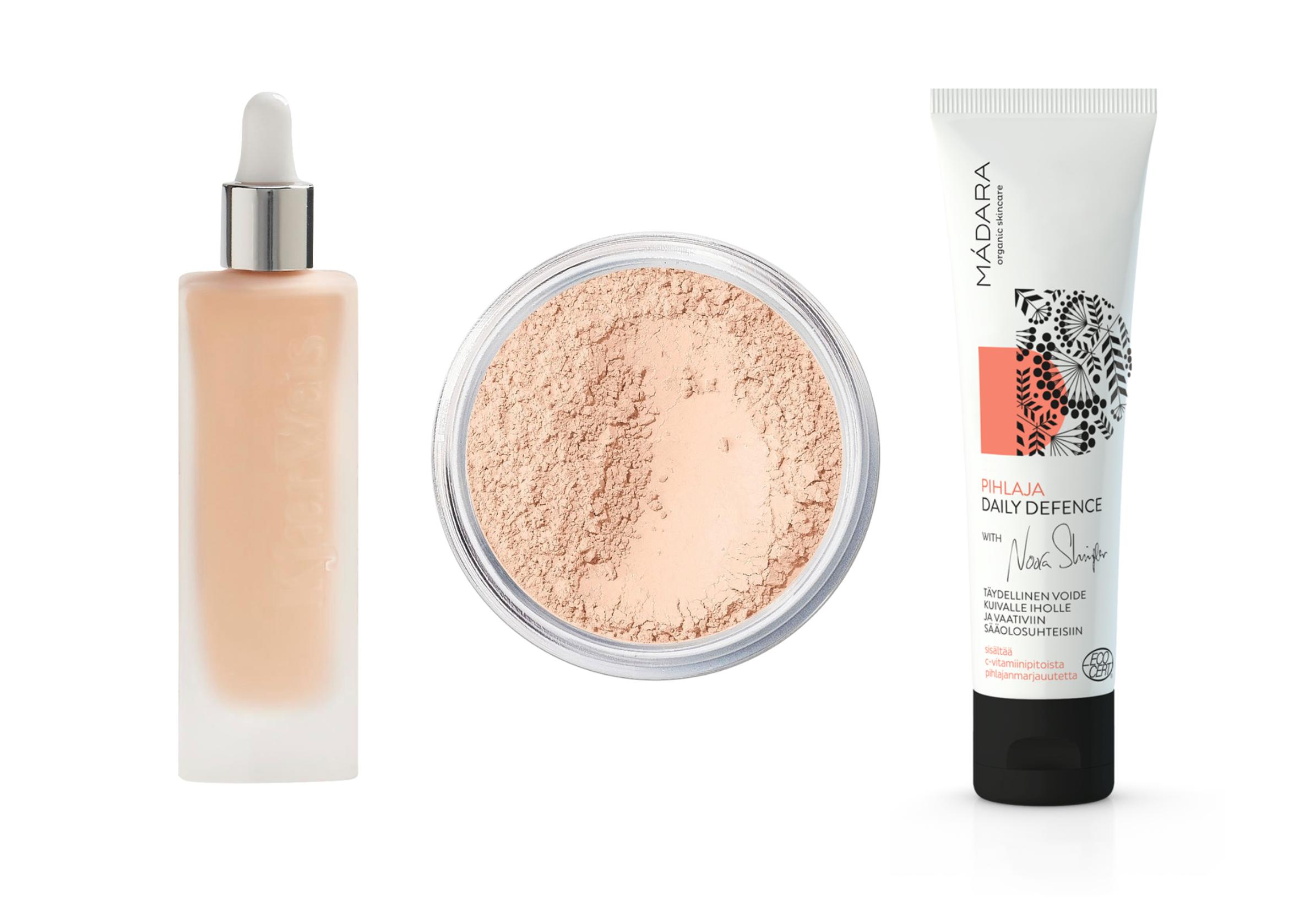 Hyvää ulkoiluseuraa: Kjaer Weisin Invisible Touch Liquid -meikkivoide 47 e, Baremineralsin Mineral Veil -puuteri 42 e ja Mádaran Daily Defence -voide 15,90 e.