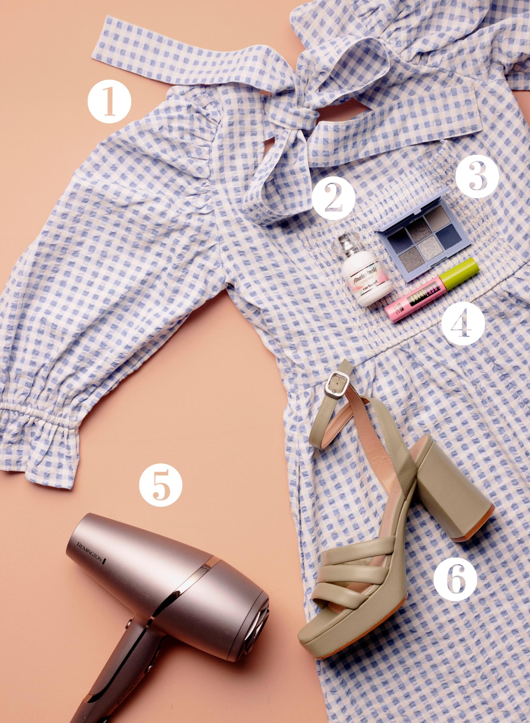 1. Gingham-ruutuinen mekko on vuonna 2022 puhvihihainen. Camilla-mekko 49,99 e, Lindex. 2. Naisellisessa Cacharel Anais Anais -tuoksussa on kieloa, liljaa ja hyasinttia. 39,90 e. 3. Sinisiä luomivärejä mattana ja kimaltavina kätkee sisälleen Essence Ice, Ice Baby! -luomiväri­paletti. 4,10 e. 4. Ripsivärien kesto­suosikki, tuuhentava Maybelline Great Lash Mascara vuodelta 1971 myy yhä. 9,20 e. 5. Tehokkaan Remington PROLuxe You 2400 W -hiustenkuivaajan älysensori muistaa sinulle sopivat asetukset. 149,95 e. 6. Järeät tolppakorot valtaavat taas kesäkadut. Ovet-korkokengät 129,90 e, Unisa.