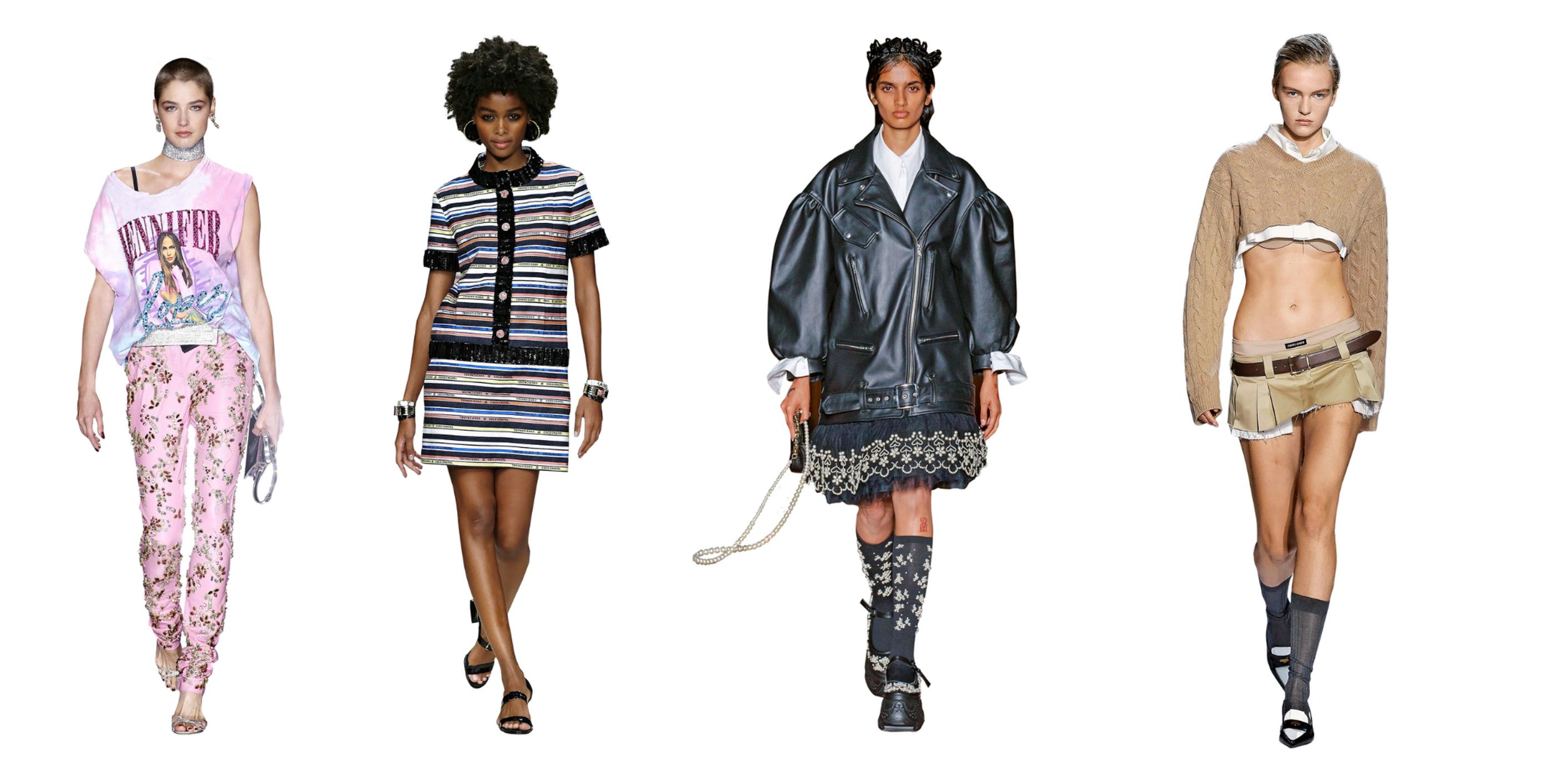 Kevätmuotia 2022 esittelevät muotitalot vasemmalta oikealle: Dolce & Gabbana, Chanel, Simone Rocha, Miu Miu.