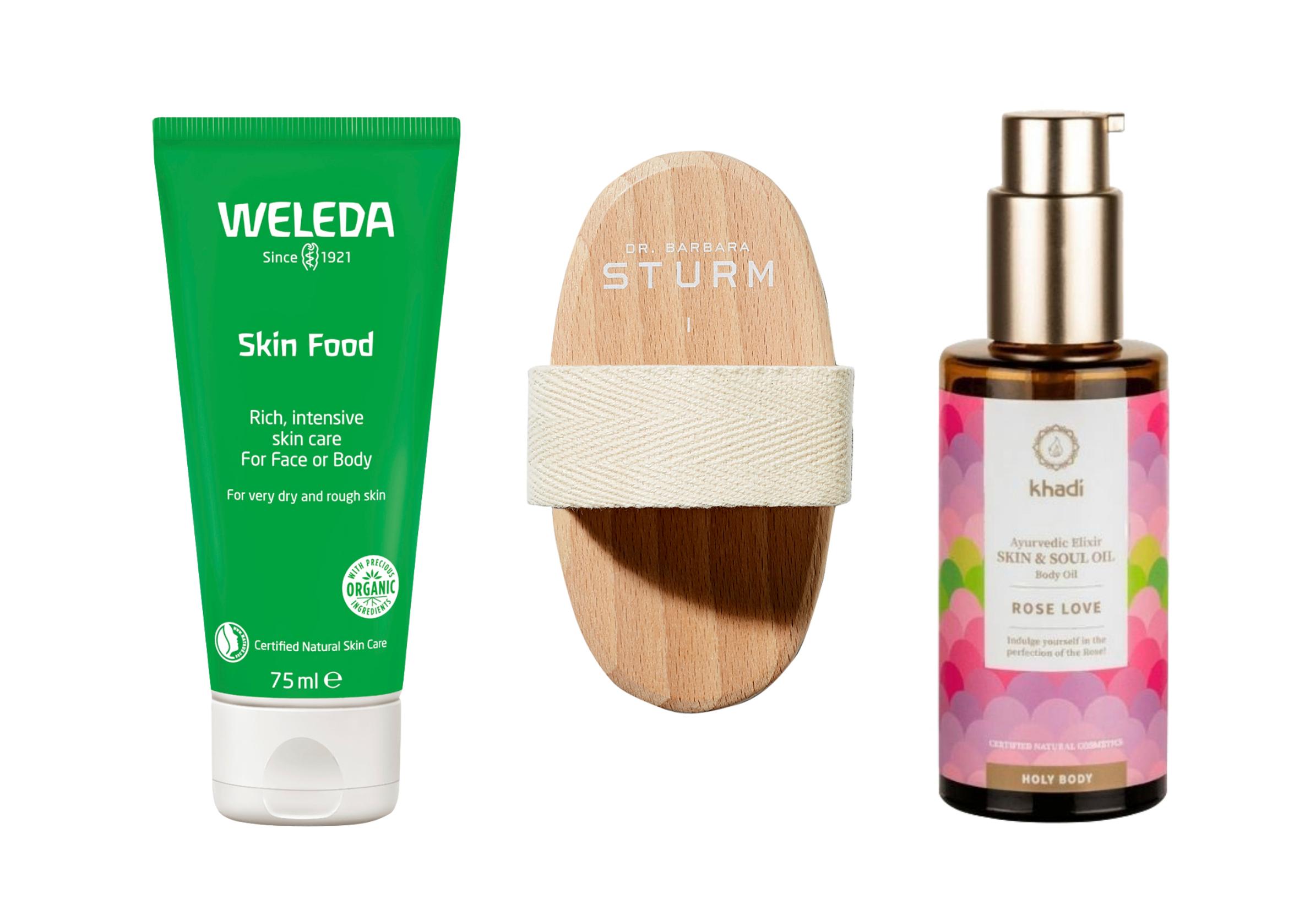 Helli kropan ihoa: Weledan Skin Food -voide 10,90 e, Dr. Barbara Sturm -vartaloharja 35,90 e, ja Khadin Rose Love -vartaloöljy 33,70 e.