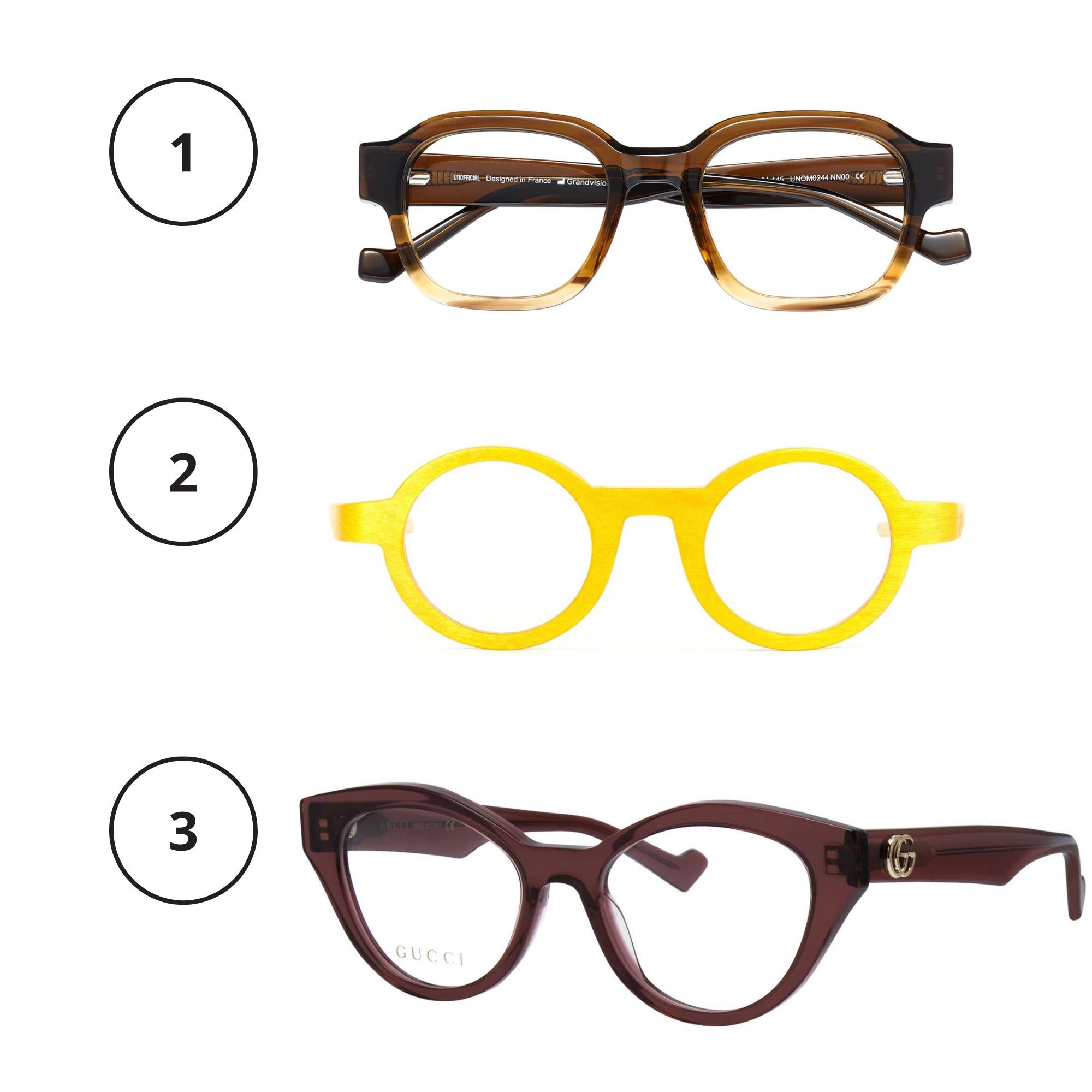 1. Moniväriset ruskeat kehykset henkivät 1970-lukua. Liukuva sävytys pehmentää vahvojen pokien ilmettä. Unofficial 2029080 99 e, Nissen. 2. Aurinkoa ilmeeseen! Saranattomat, muotoon taivutetut puukehykset on valmistettu liimaamalla useita viilukerroksia toisiinsa. Kotimaiset. Kraa Kraa Velo 630 e, kraakraa.fi. 3. Kevyesti kissamaiset, 1950-luvun henkiset kehykset kohottavat piirteitä. Gucci GG0959O 349 e, Silmäasema.