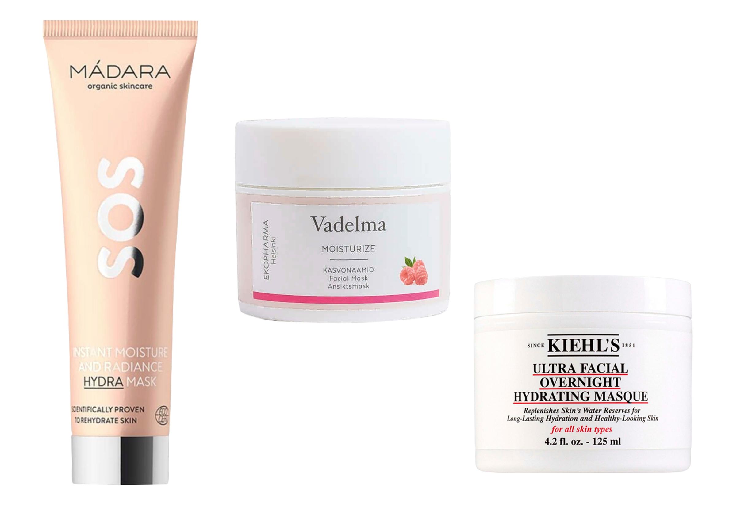 Talvinaamiot: Mádaran SOS Hydra -naamio 34,40 e, Ekopharman Vadelma-naamio 24,50 e, ja Kiehl’sin Ultra Facial Overnight Hydrating -naamio 30 e.