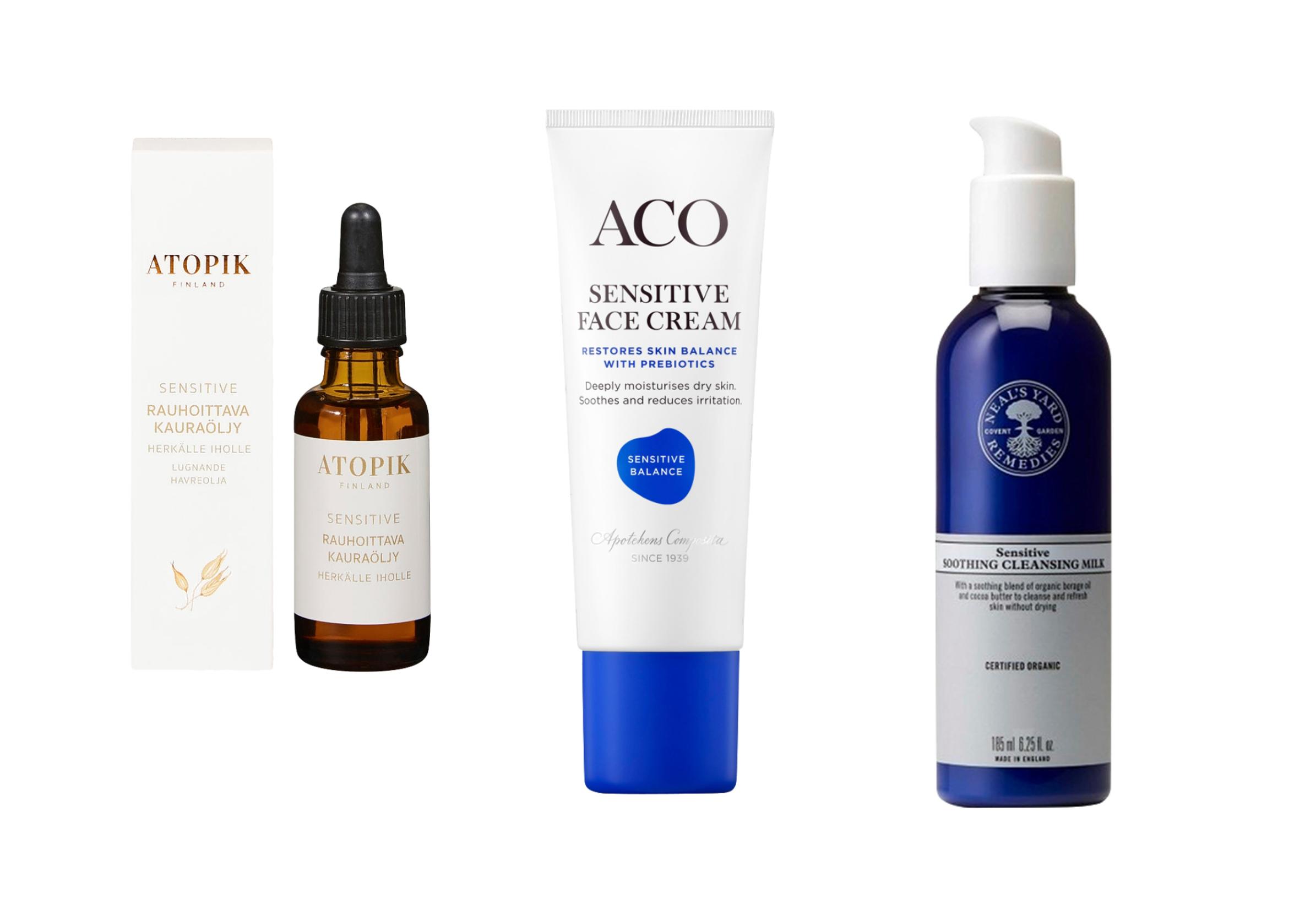 Herkälle iholle: Atopikin Sensitive-kauraöljy 32,50 e, hajusteeton Acon Sensitive Balance -hoitovoide 18 e, ja Neal’s Yard Remedies -puhdistusmaito 26,50 e.