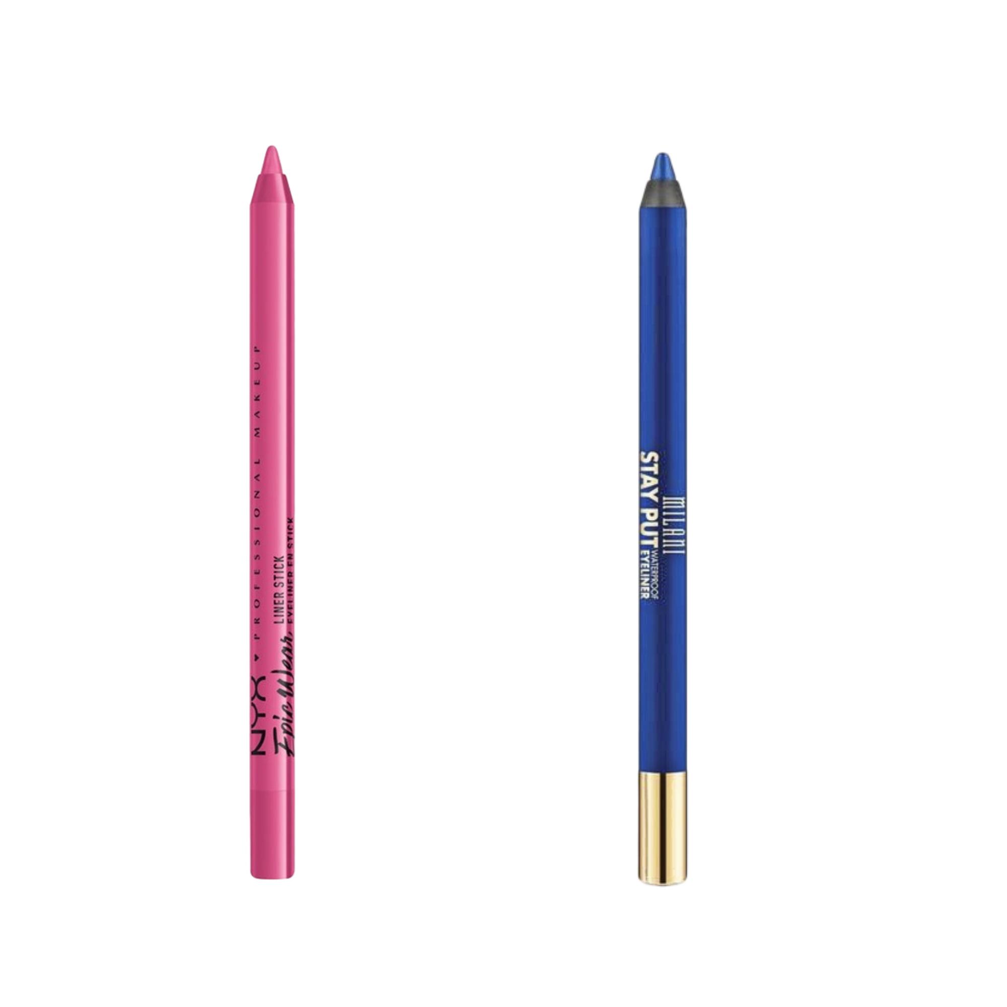 Penaalin parhaat: Nyxin Epic Wear Liner Stick -kynä, sävy Pink Spirit, 8,90 e, ja Milanin Stay Put Waterproof -rajauskynä sävyssä Keep On Sapphire, 15,90 e.