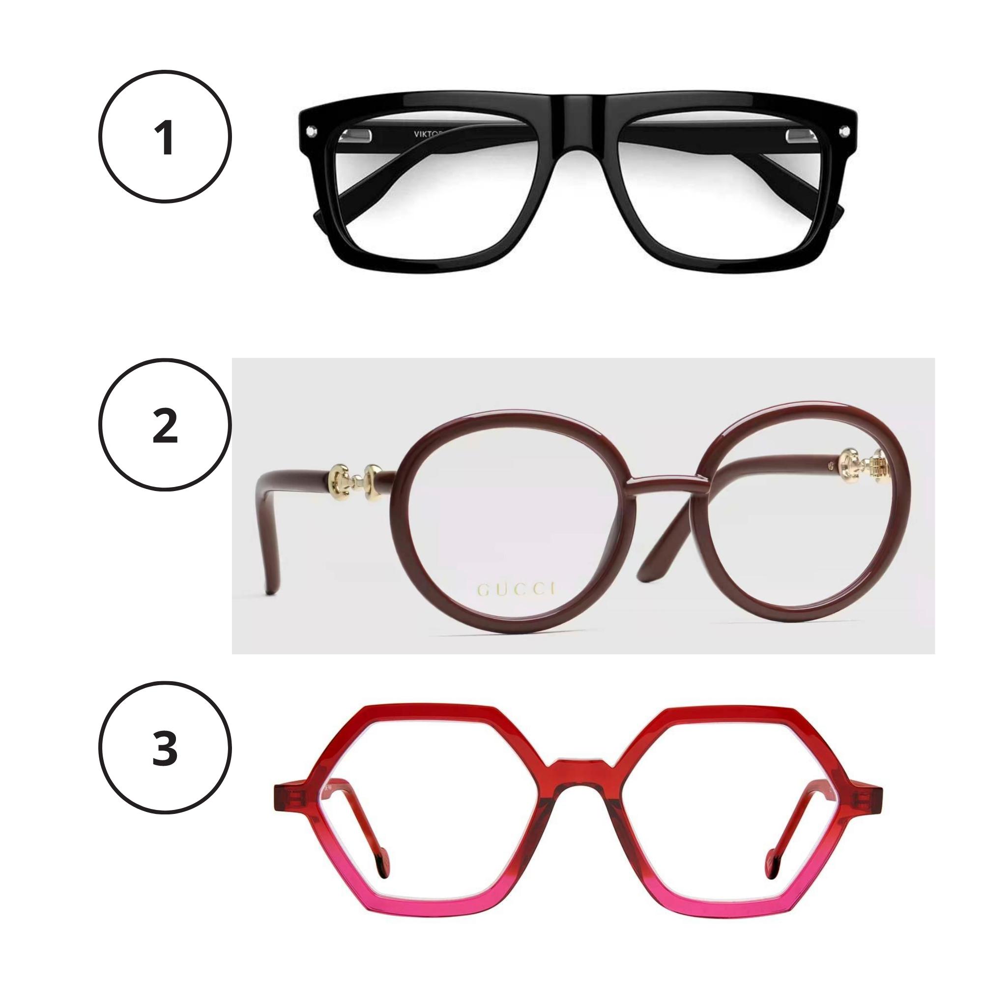 1. Klassiset mustat pokat ovat voimakas valinta. Nämä kehykset skarppaavat hetkessä väsynyttäkin ilmettä. Viktor & Rolf 04 219 e, Specsavers. 2. Munakoison väri on elegantti ja mustaa lämpimämpi valinta vaaleita kasvoja vasten. Gucci Round Frame 290 e, gucci.com. 3. Muodikas kahdeksankulmainen muoto ja kahden punaisen yhdistelmä saavat taatusti huomiota. L.A. Eyeworks Mx Busy 479 e, Keops.