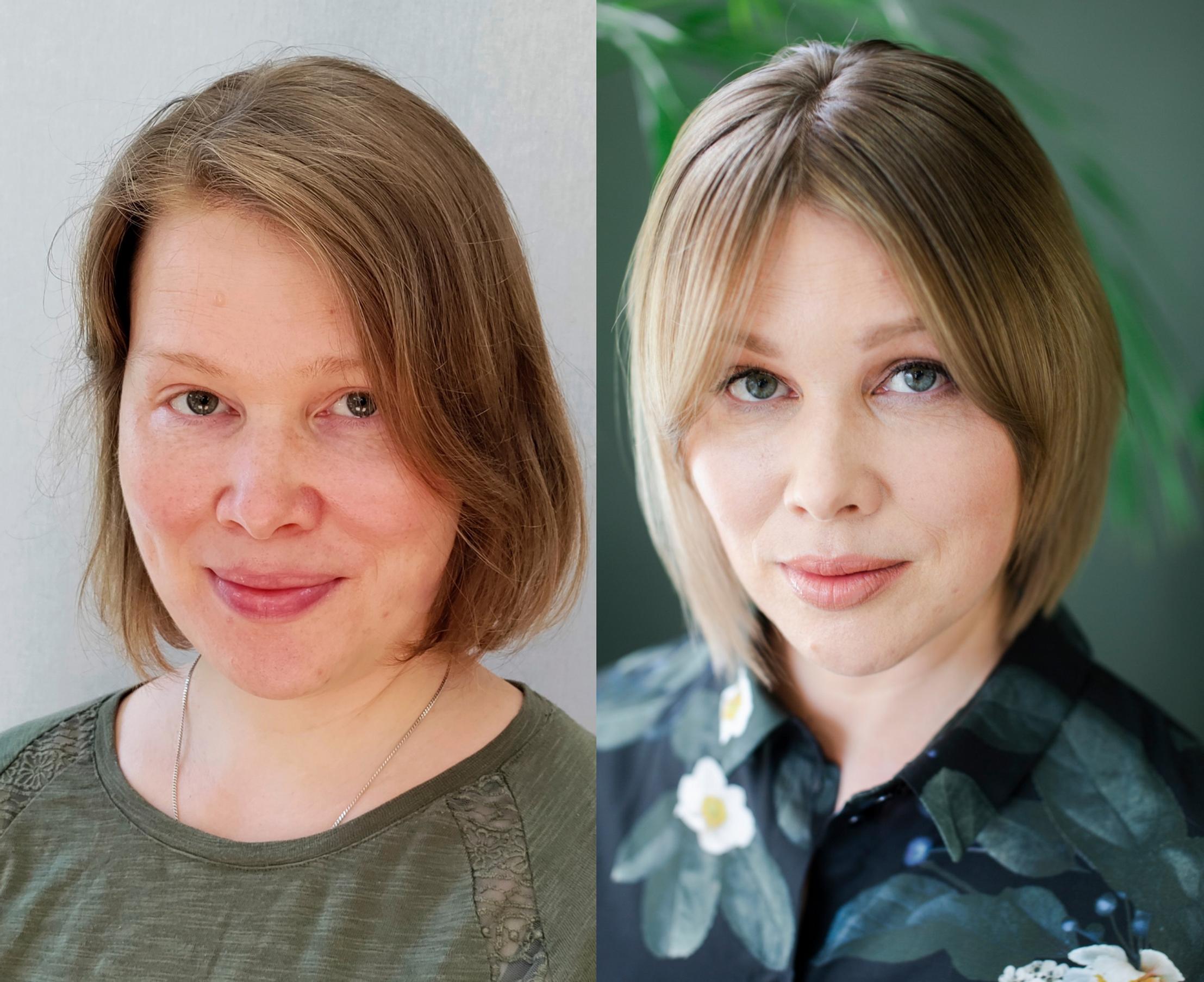 Helinä Wacklin ennen muutosta (vas.) ja sen jälkeen.