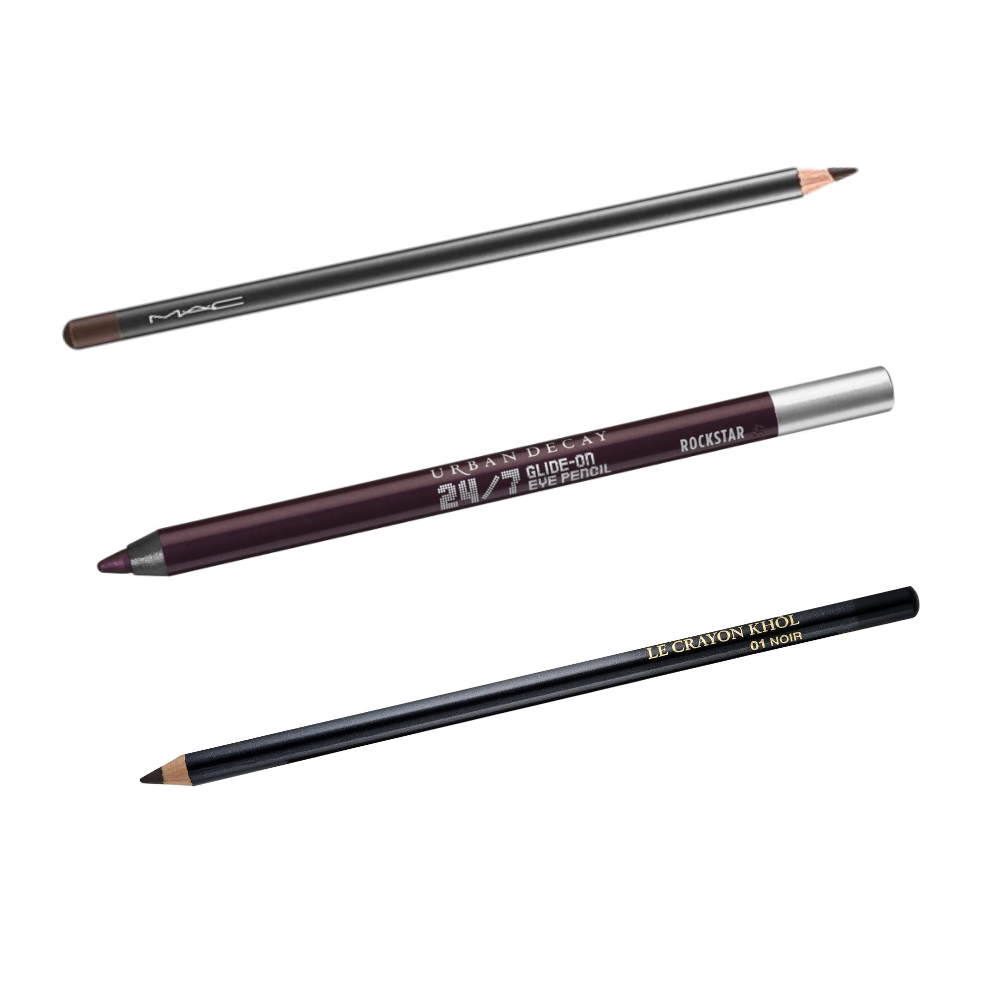 Täydelliset sävyt: MAC:n rajauskynä, sävy Coffee, 18,90 e, Urban Decayn Glide On, sävy Rockstar, 22,50 e, ja Lancômen 24H Drama, sävy 08, 22 e.
