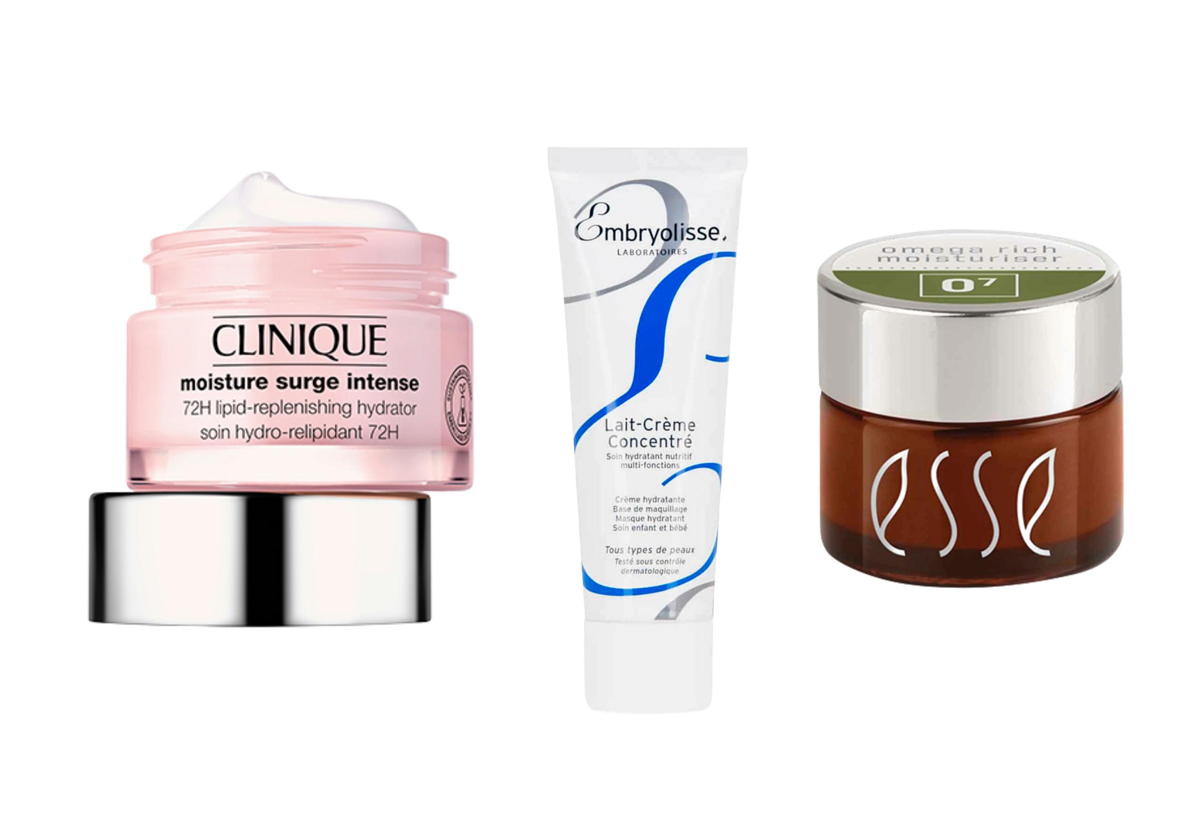 Täyteläinen voide on talvi-ihon paras ystävä: Cliniquen Moisture Surge Intense 72-Hour Lipid-Replenishing Hydrator -voide 36 e, Embryolissen Lait Creme Concentre -voide 17,90 e, ja Essen Omega Rich -voide 77 e.