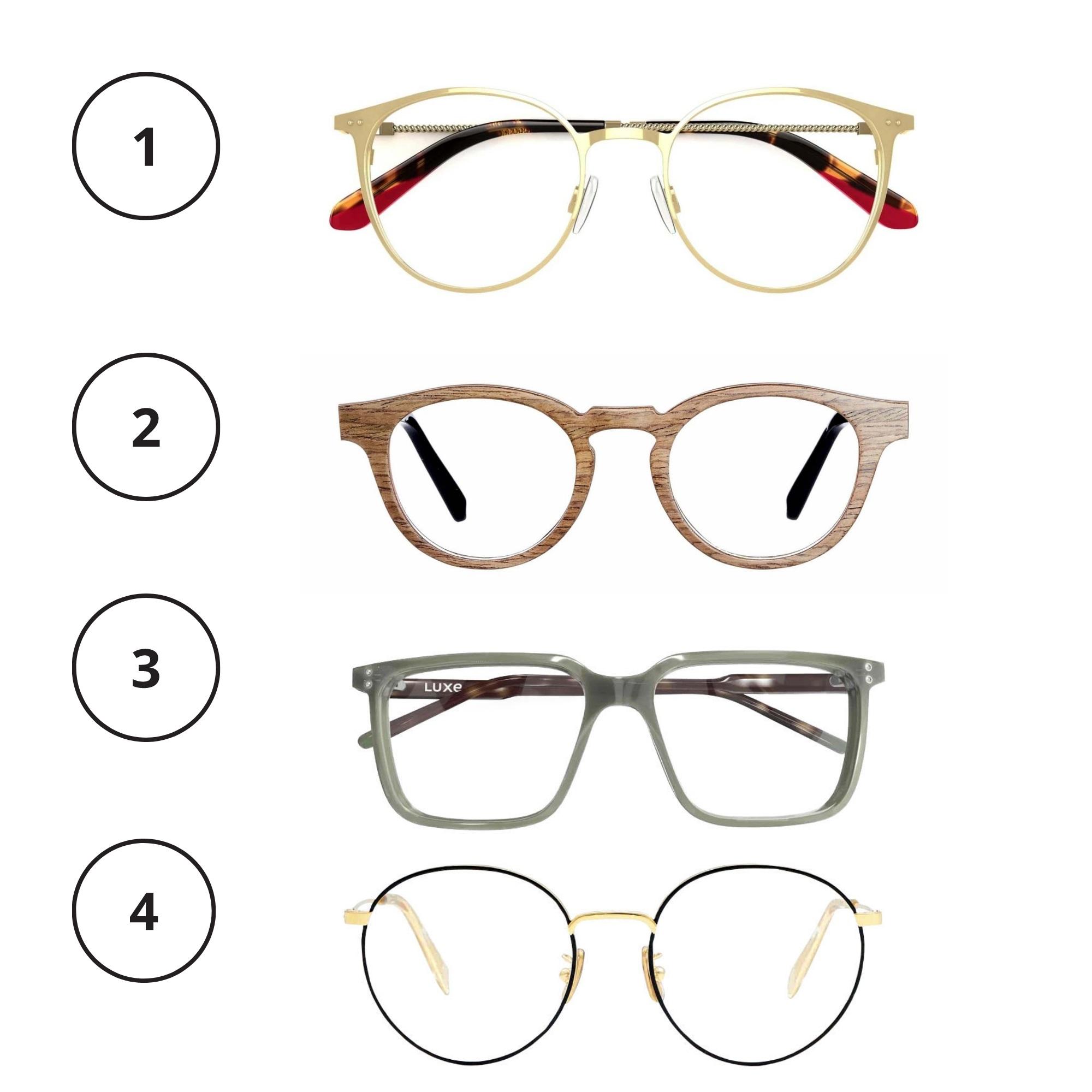1. Kullanväristen kehysten tyylikäs yksityiskohta ovat kierteelle kieputetut aisat. Specsavers Ellarose 139 e, Specsavers. 2. Puuviilupokat tuovat kasvoille lämpöä ja ovat kevyet kantaa. Kotimaista designia. Woobs Lavia pähkinäpuusta 180 e, woobs.fi. 3. Suorakaiteen muotoisten pokien juju on muodikas vihreä väri. Kehykset on valmistettu ekologisesta bioasetaatista. Specasavers Luxe Spruce 189 e, Specsavers. 4. Mustalla terästetyt keveät pyöreät kehykset ovat moderni klassikko. Celine Round Metal Glasses 325 e, matchesfashion.com.