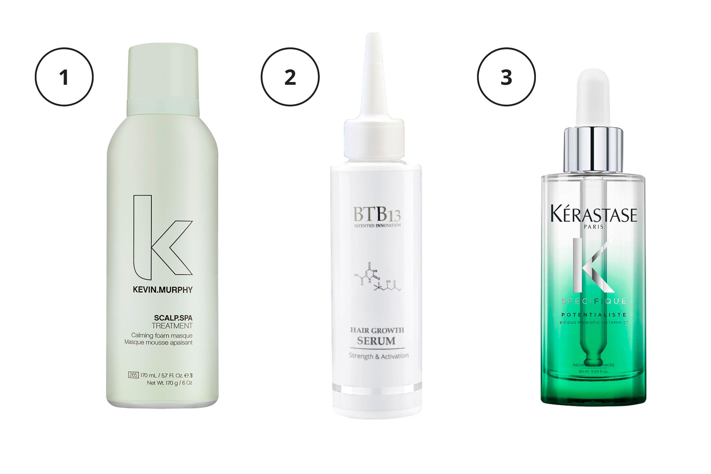1. Vaahtoava naamio rauhoittaa ärtyisää päänahkaa. Kevin.Murphy Scalp.Spa Treatment 34,90 e. 2. Seerumi edistää hiusten kasvua sekä parantaa niiden rakennetta. BTB13 Hair Growth Serum 68 e. 3. Kevyt seerumi rauhoittaa ja suojaa päänahkaa. Kérastase Specifiqué Serum Potentialiste 37,90 e.