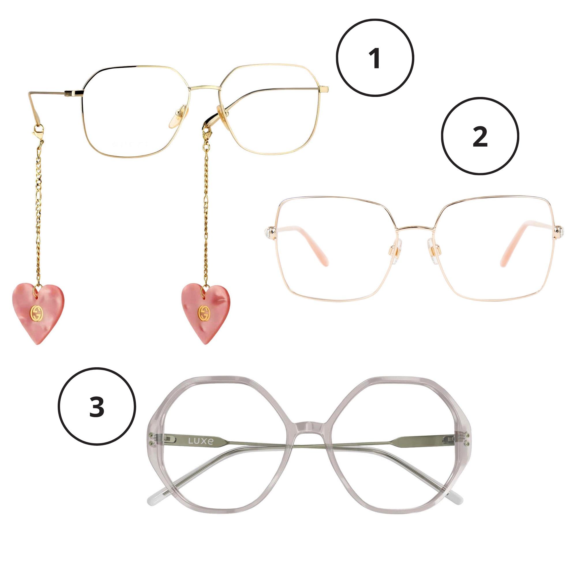 1. Sydämellisesti sinun! Irrotettavat sydänketjukoristeet tuovat leikkisyyttä yksinkertaisiin metallipokiin. Gucci Square Frame 400 e, gucci.com. 2. Retrohenkisen laatikkomaiset linssit ovat näiden kehysten juju. Kullanväriset aisat on koristeltu vähäeleisesti kristalleilla. Swarovski SK5352-kehykset 229 e, Silmäasema. 3. Kahdeksankulmaisuus on nouseva pokatrendi. Kehysten materiaali on ekologista bioasetaattia. Specsavers Luxe Dove Kristalli 189 e, Specsavers.
