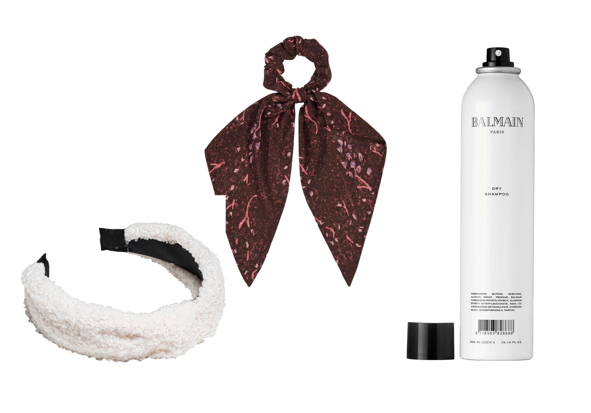 Hiuspanta teddykangasta 9,99 e, Glitter. EMI-hiusdonitsi 12 e, Voglia. Balmain Dry Shampoo kuivapesee hiukset aamulla. 26,90 e.