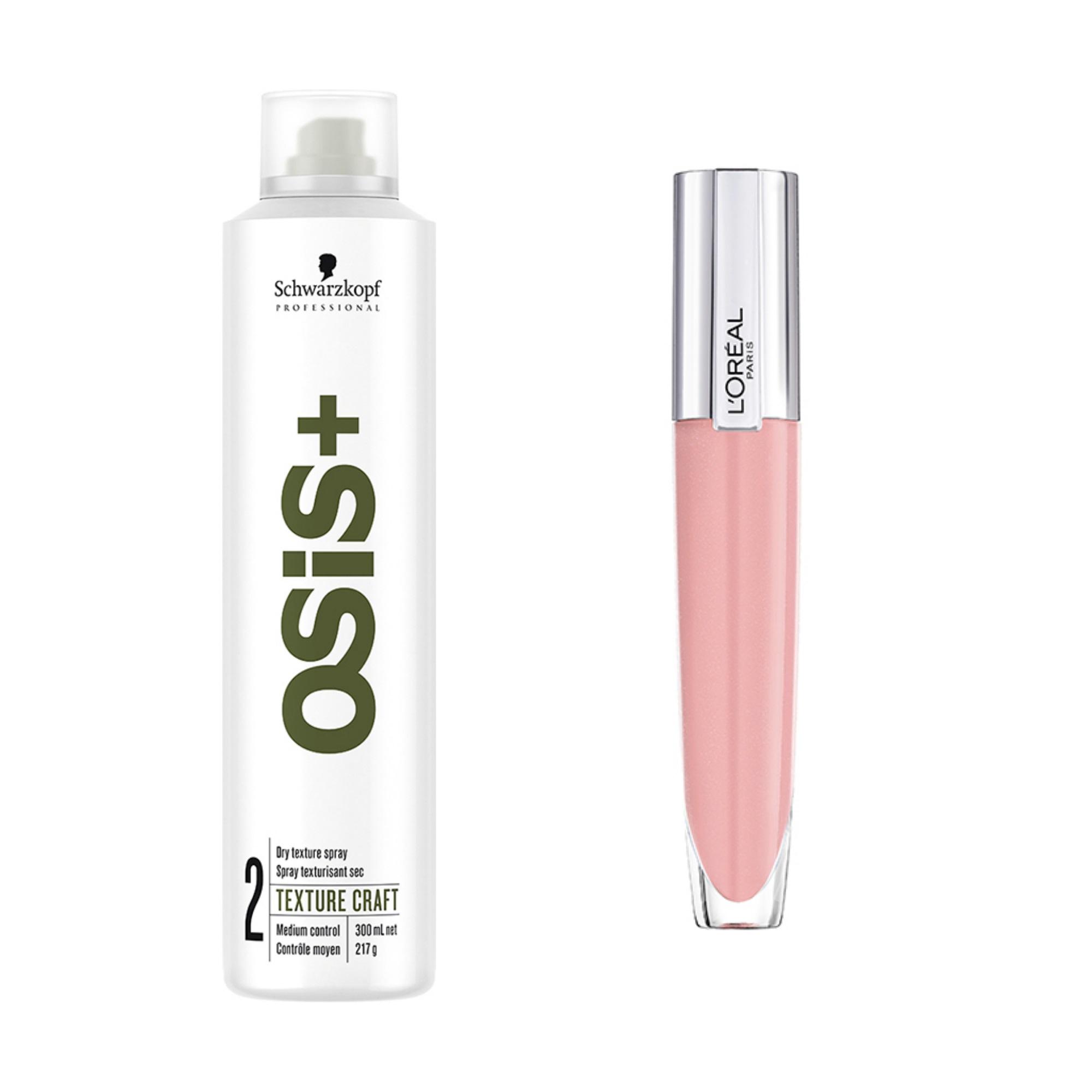 Tekstuurisuihke tuo ryhtiä hiuksiin. Schwarzkopf Professional Osis+ Texture Craft Hair Spray 21 e. Huulikiilto kosteuttaa huulia ja antaa niille täyteläisyyttä. L’Oréal Paris Brilliant Signature Plump-in-Gloss 10,90 e.