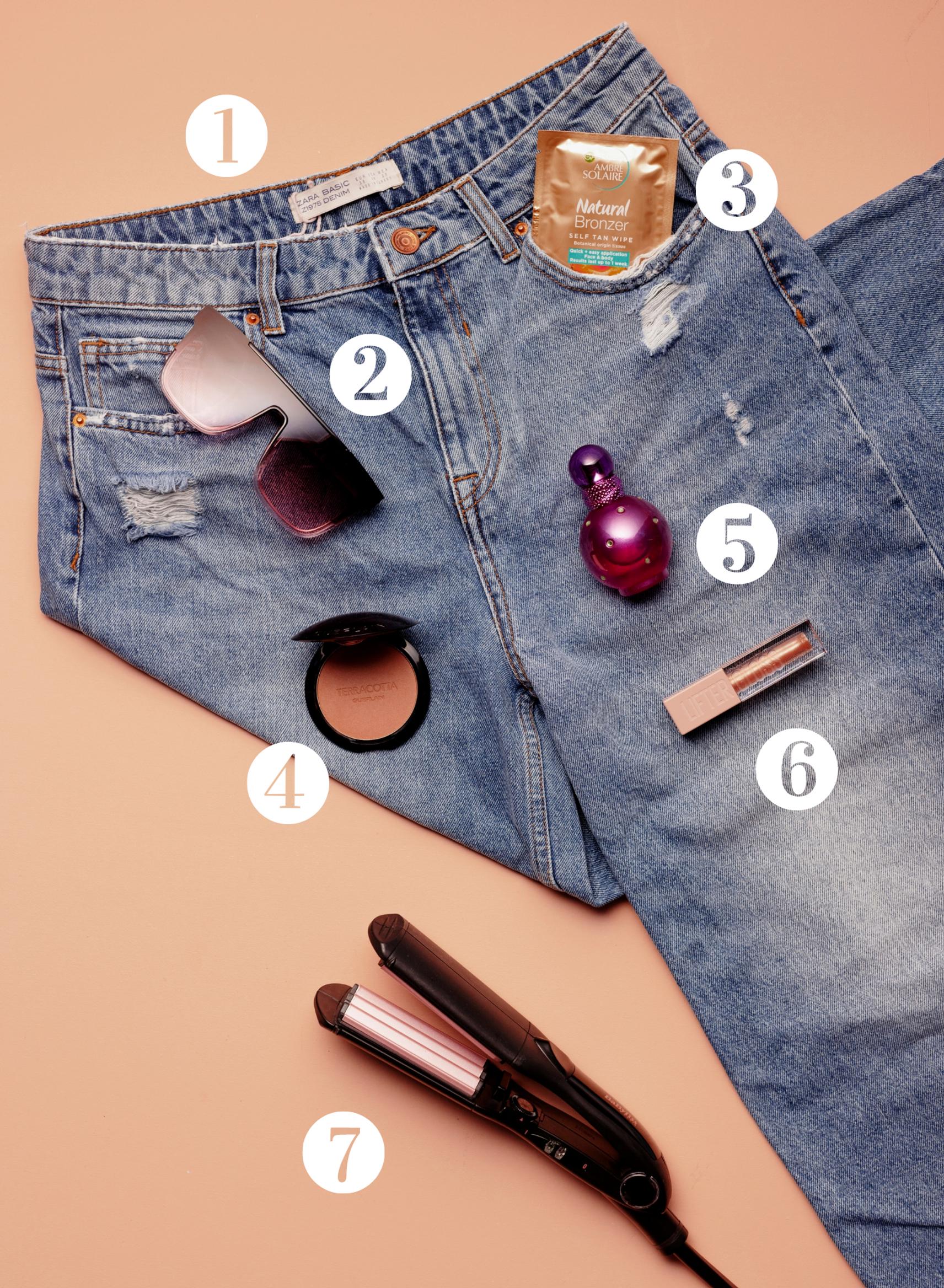 1. Millenium toi risat yksityiskohdat muotiin, eivätkä ne ole lähteneet vieläkään. Farkut 39,95 e, Zara. 2. Näe vaaleanpunaista! Gdansk-aurinkolasit 15,99 e, Cailap. 3. Itseruskettava liina päivettää ihon vuoteen 2022. Garnier Ambre Solaire Natural Bronzer Self Tan Wipe 2,90 e. 4. Älä unohda aurinkopuuteria. Guerlain Terracotta Bronzing Powder 03 Medium Warm 60 e. 5. Britney Spearsin Fantasy EdP:n makea tuoksu syntyy litsistä, kiivistä, valkosuklaasta ja orki­deasta. 34,99 e. 6. Huulikiilto on nyt myös ihonhoitotuote, joka täyteläistää huulia. Maybelline Lifter Gloss 20 Sun -huulikiilto 8,90 e. 7. Kreppiraudan käyttö­tarkoitus on jalostunut sitten vuoden 2000. Tuo sillä volyymiä tyveen. BaByliss BA2165CE -kreppirauta 29,99 e.