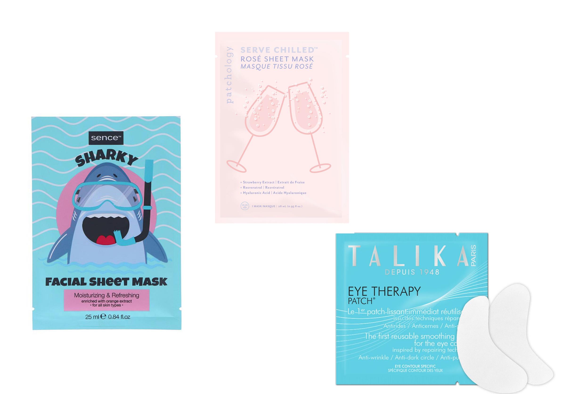 Sence Sharky Facial Sheet Mask kosteuttaa ihoa hauskasti ja edullisesti. 1 e, Tokmanni. Patchology Serve Chilled Rose Sheet Mask on täydellinen resveratroliannos perjantai-iltaan! 5,90 e, oletkaunis.fi. Talika Trerapy Patch -silmänalusnaamioparia voi käyttää kolmesti. 8,46 e/pari.