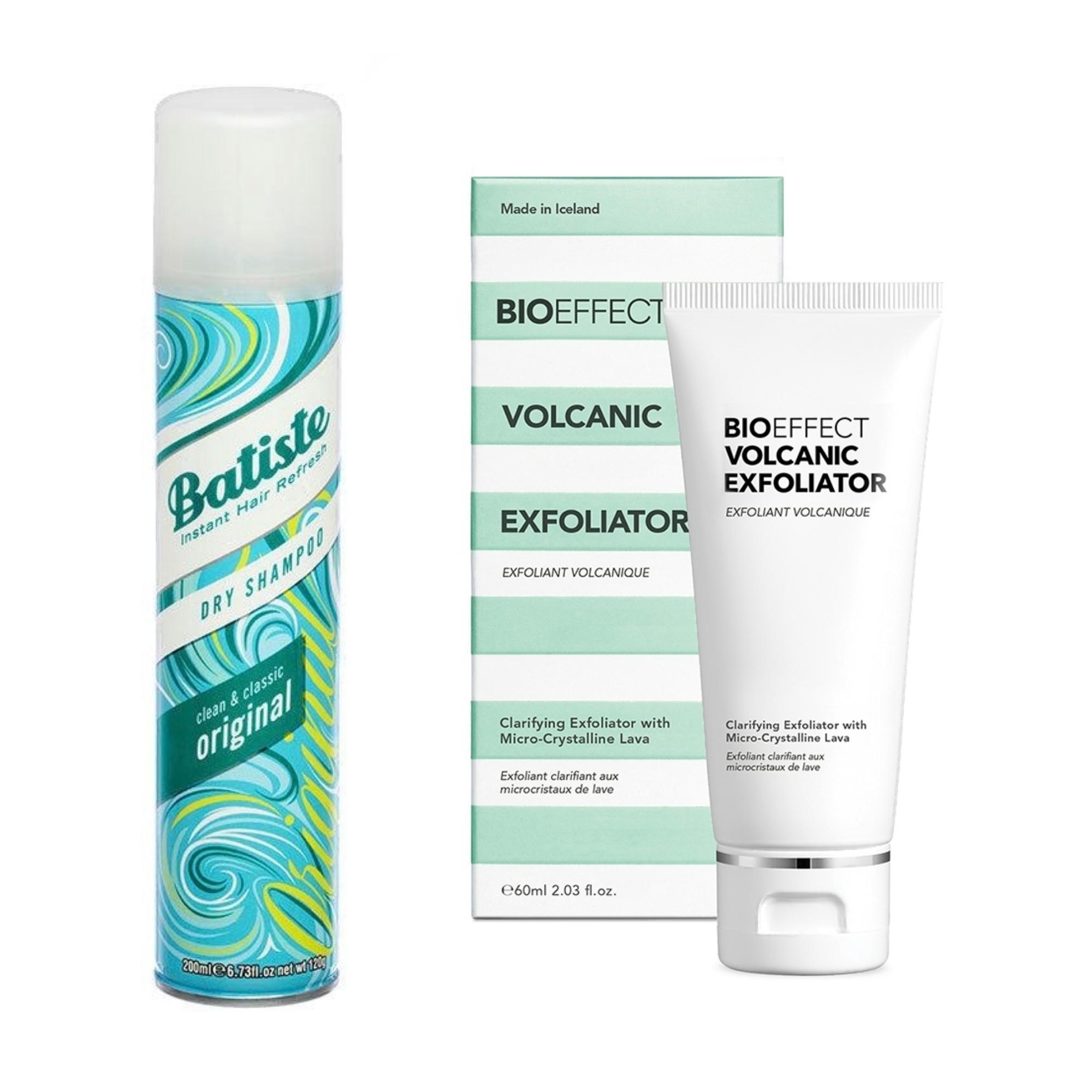 Hiusten pikapesu ”Olen mukavuuden­haluinen enkä pese tukkaa joka päivä, ellei ole pakko. Kuivasampoo raikastaa hiukset nopeasti. Pidän sitä mukana treenikassissa ja matkoilla.” Batiste Original Dry Shampoo 6,90 e. Hellä couperosalle ”Suosin hellävaraisia mutta tehokkaita kuorintoja, sillä minulla on couperosa-iho. Kuorin tällä ihoni kerran viikossa ja laitan sen jälkeen naamion.” Bioeffect Volcanic Exfoliator 45 e.