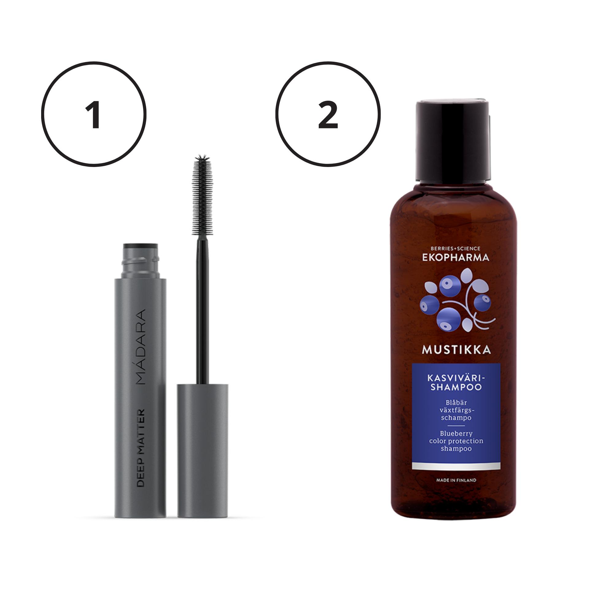 1. Luonnonkosmetiikkasarjan ripsiväri tuuhentaa ripsiä. Mádara Deep Matter Bold Volume Mascara 24,50 e. 2. Hajusteeton luonnonkosmetiikkasampoo auttaa säilyttämään hiusvärin hehkun. Ekopharma Mustikka Kasvivärishampoo 19,90 e.