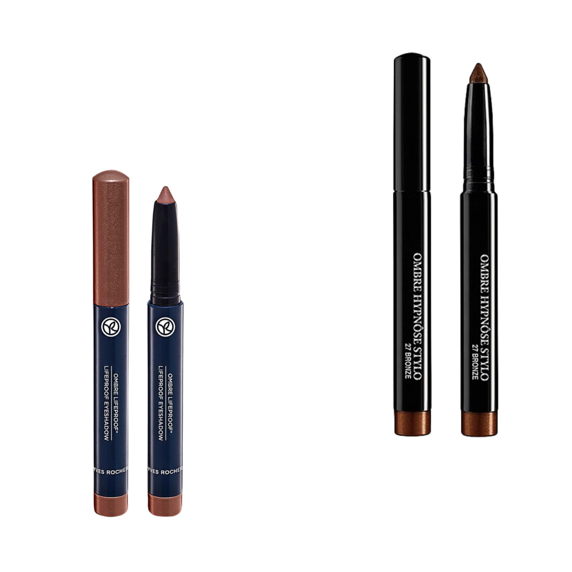 Yver Rocherin Ombre Lifeproof -luomivärikynä, sävy Taupe,­ 15,90 e, ja Lancômen Ombre Hypnôse Stylo -luomivärikynä, sävy Bronze, 29,50 e.